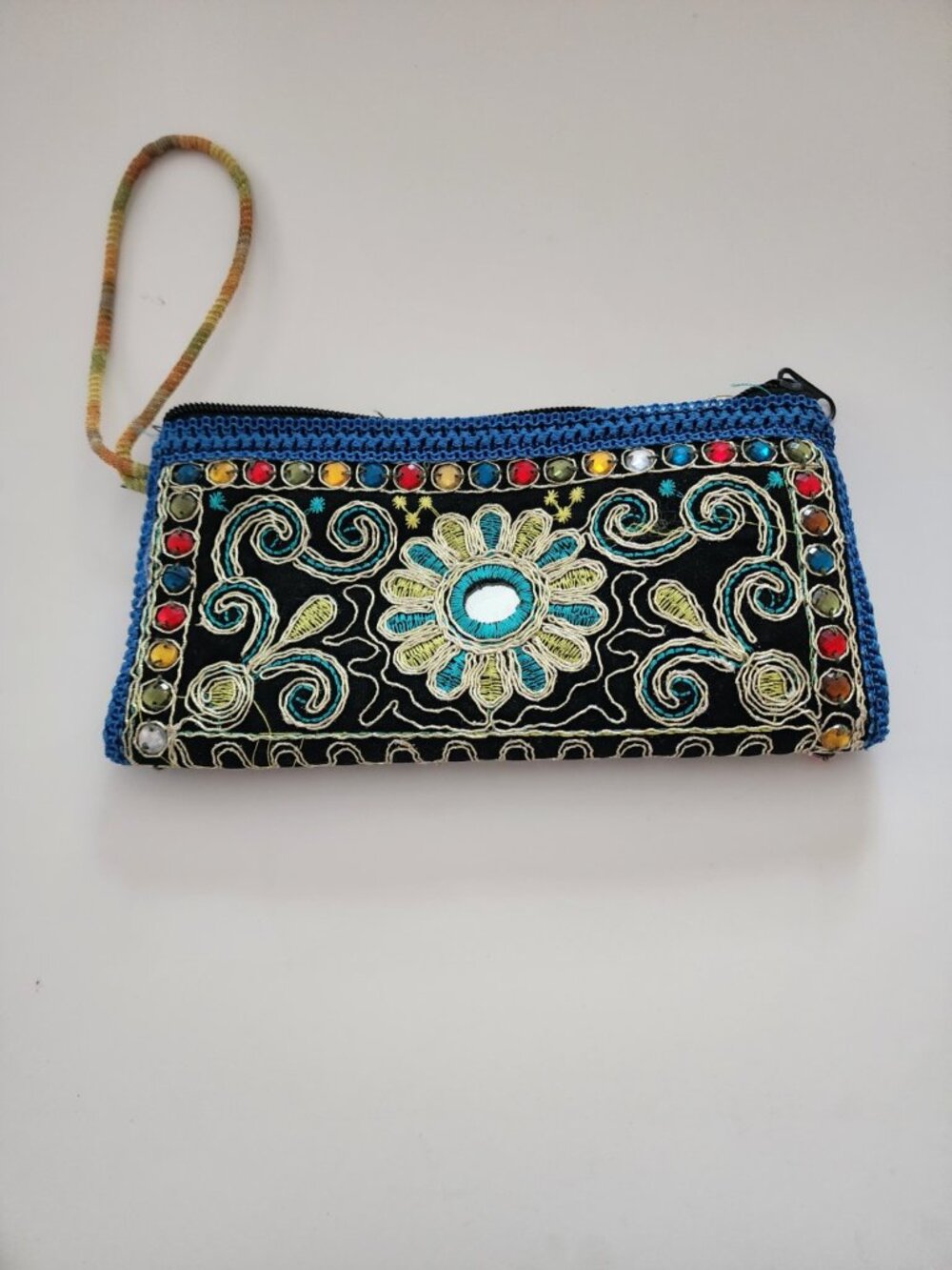 Boho Indian Embroidered Mirror Work Floral Wristlet Clutch